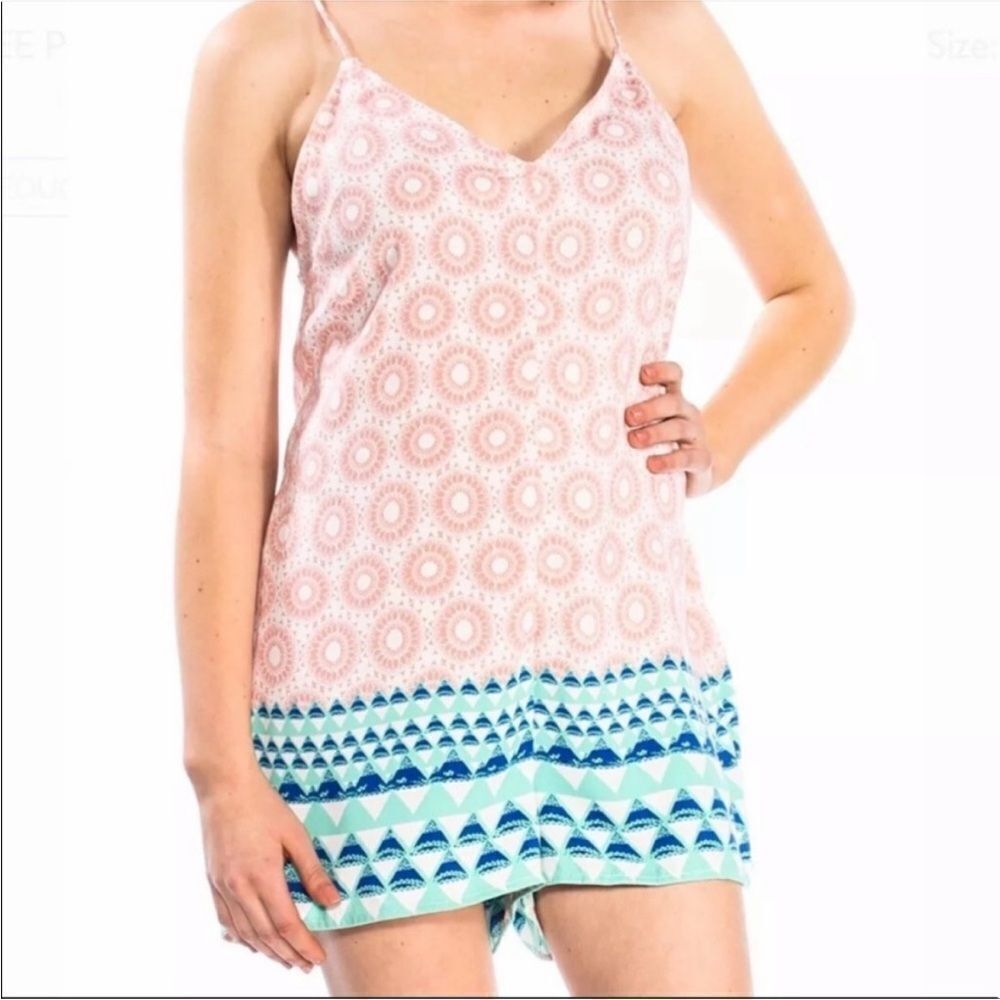 FREE PEOPLE | Geometric Print Pastel V-Neck Romper Jumper Women’s Size Small
